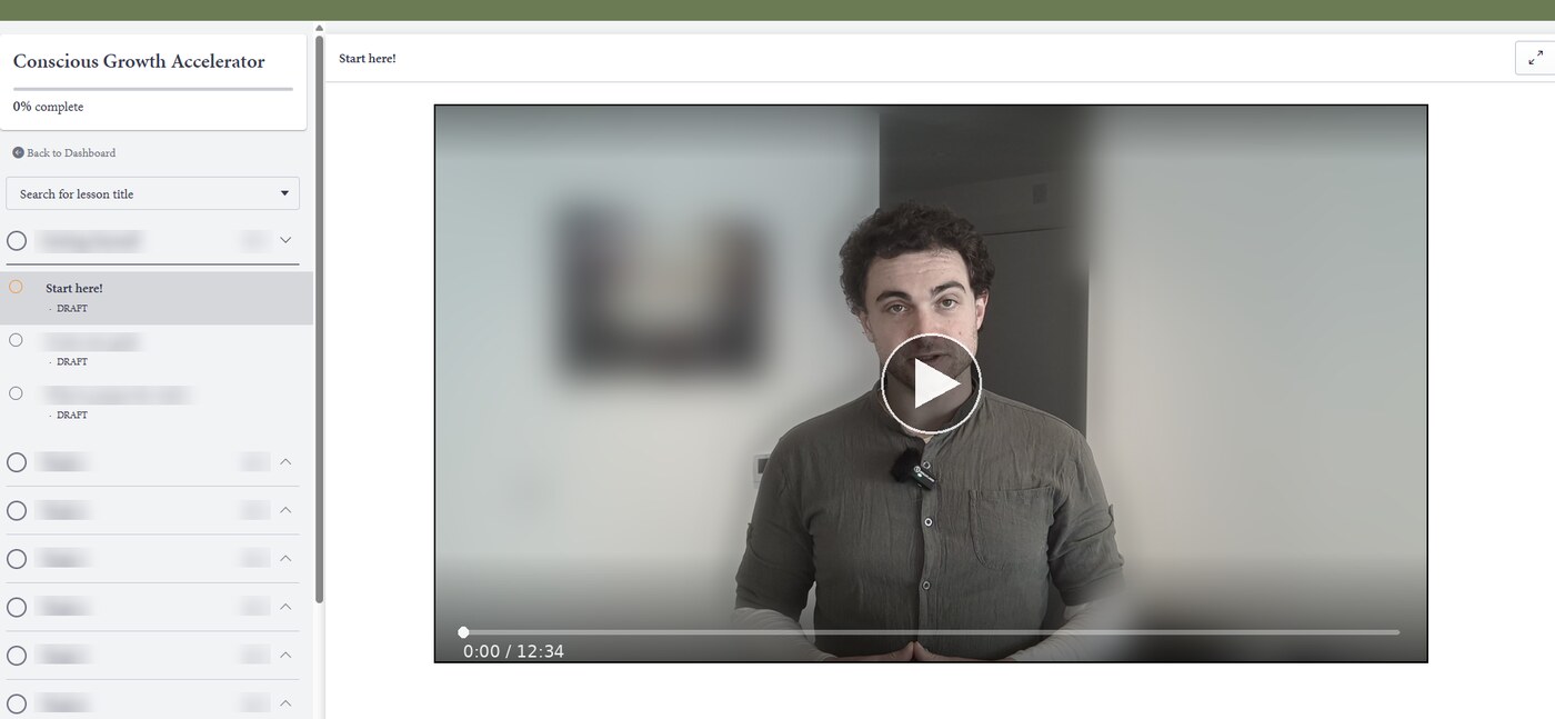 Inside the Conscious Growth Accelerator course hub, showing the Start Here welcome video and the lesson sidebar